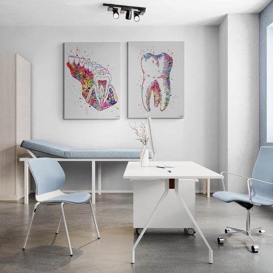 Ilustración artística colorida de dientes y mandíbula en estilo anatómico moderno, ideal para decoración de consultorios dentales