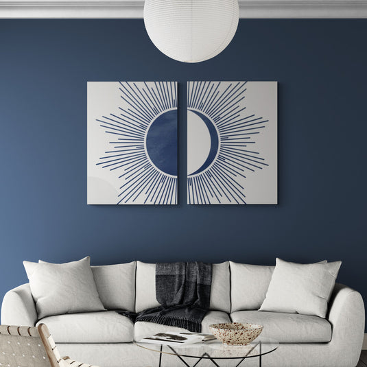 Díptico de cuadros decorativos con diseño de sol y luna geométricos, estilo lineal