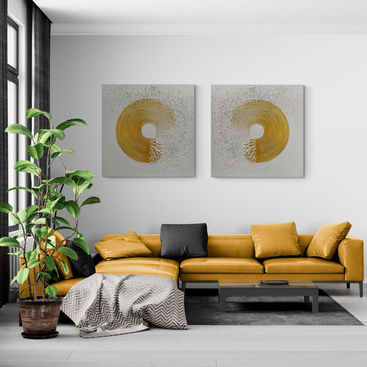 Set de cuadros decorativos abstractos – Formas circulares doradas con textura en relieve sobre fondo neutro, ideal para salas modernas y elegantes.