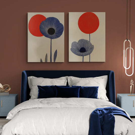 Díptico de cuadros decorativos con flores geométricas y círculos rojos, estilo moderno