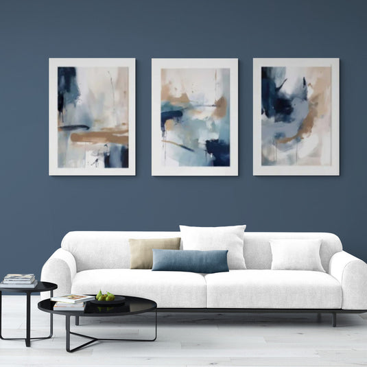 Cuadro moderno con diseño abstracto en tonos azules y neutros.