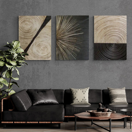 Cuadros decorativos con texturas escultóricas: patrones circulares y lineales en tonos neutro