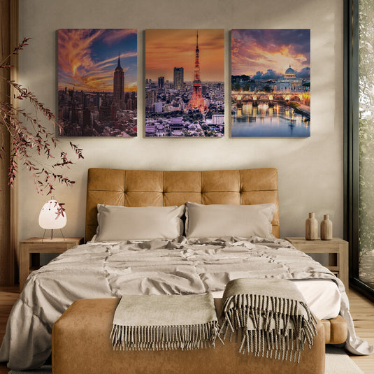 Cuadro decorativo tríptico de ciudades icónicas: Empire State en Nueva York, Torre de Tokio y Basílica de San Pedro en Roma al atardecer