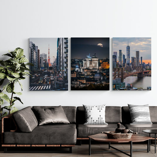 Tríptico decorativo de ciudades famosas: Tokio, Roma y Nueva York al atardecer, arte urbano moderno para interiores contemporáneos