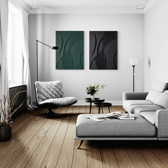Cuadro decorativo abstracto en relieve con líneas curvas en tonos verde oscuro y negro, estilo moderno y minimalista para interiores sofisticados