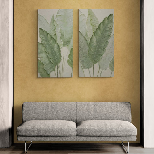 Cuadro de diseño moderno con hojas tropicales en relieve, díptico.