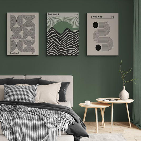 Set de cuadros bauhaus, tonalidades beige, negro y verde