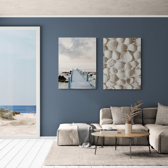 Decoración costera: cuadros con paisaje de muelle de madera y textura de conchas marinas