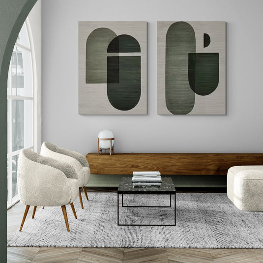 Conjunto de cuadros geométricos abstractos en tonos neutros y verdes, diseño minimalista contemporáneo.
