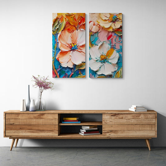Cuadro de diseño floral moderno con flores texturizadas, díptico.