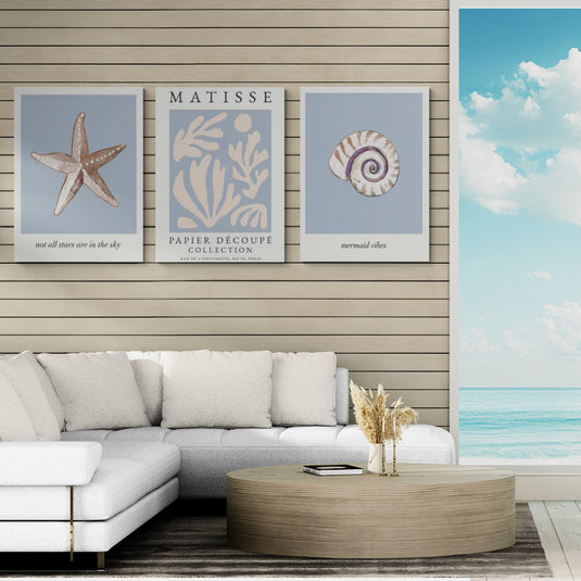 Cuadros decorativos estilo Matisse: estrella de mar, recortes de papel 'PAPIER DÉCOUPÉ' y concha, con texto 'MATISSE' y frases