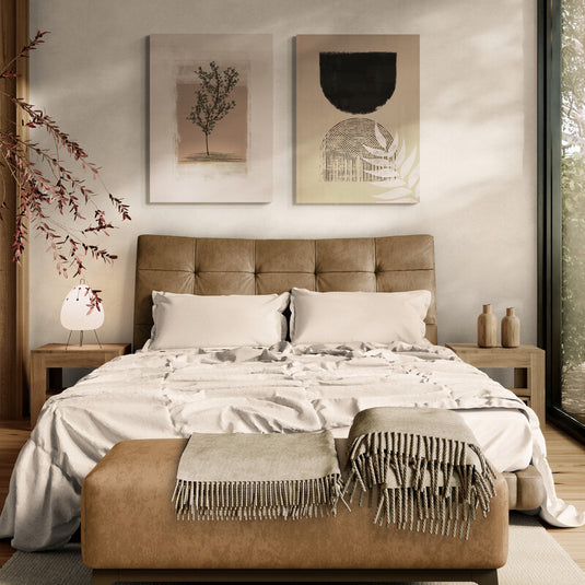 Set de cuadros decorativos estilo boho natural con ilustración de árbol y formas geométricas en tonos beige y negro sobre fondo neutro