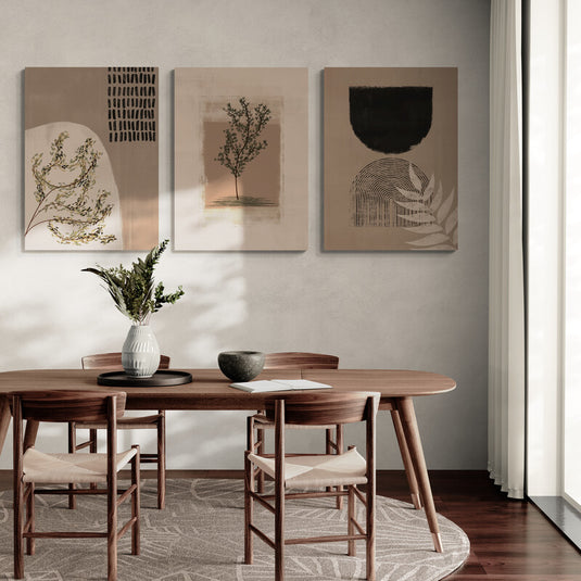 Cuadro decorativo estilo boho natural con hojas, ramas y formas geométricas en tonos tierra, ideal para salas modernas y minimalistas
