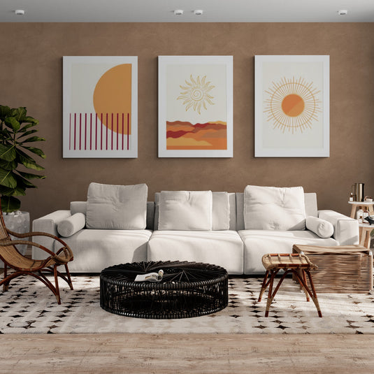 Tríptico de cuadros decorativos con diseño de sol minimalista, estilo bohemio.