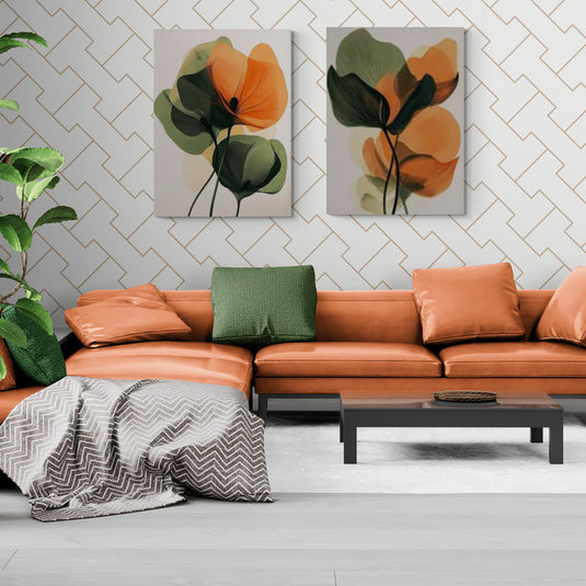 Cuadro decorativo con flores abstractas en tonos naranja y verde, estilo acuarela.