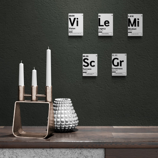 Lienzos motivacionales estilo tabla periódica en blanco y negro