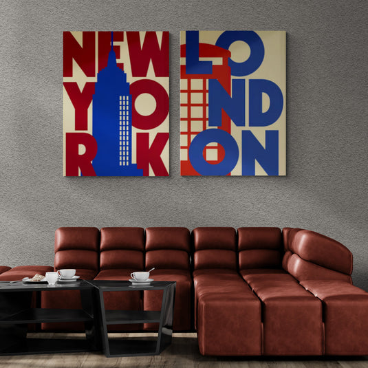 Cuadros decorativos estilo arte pop: texto 'NEW YORK LONDON' con siluetas de rascacielos en colores rojo, azul y blanco