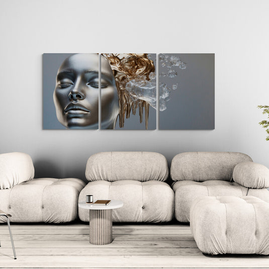 Tríptico decorativo surrealista de rostro metálico con elementos de oro líquido y cristales