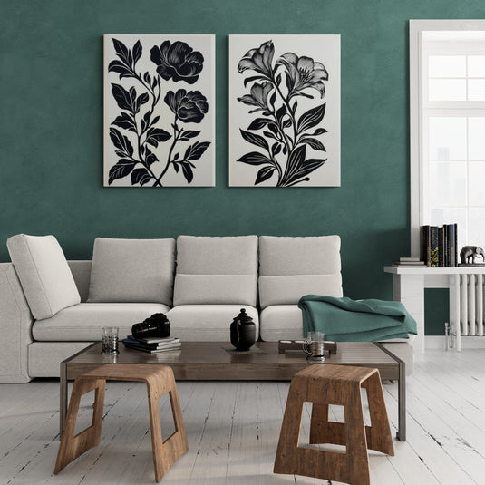 Díptico de cuadros decorativos con flores en blanco y negro, estilo lineal.