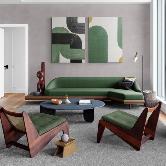 Cuadro moderno con diseño abstracto geométrico en verde, gris y blanco.