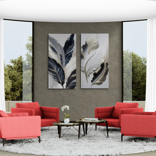 Cuadro de plumas estilizadas, estilo contemporáneo y minimalista, díptico.