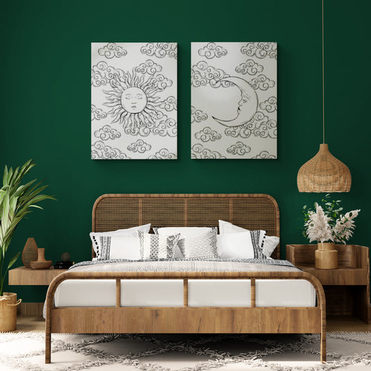Díptico de cuadros decorativos con sol y luna, estilo gráfico lineal.