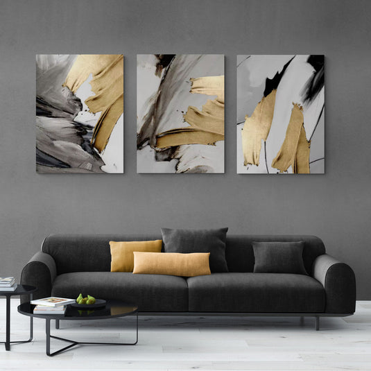 Cuadro moderno con diseño abstracto en tonos neutros y dorado.