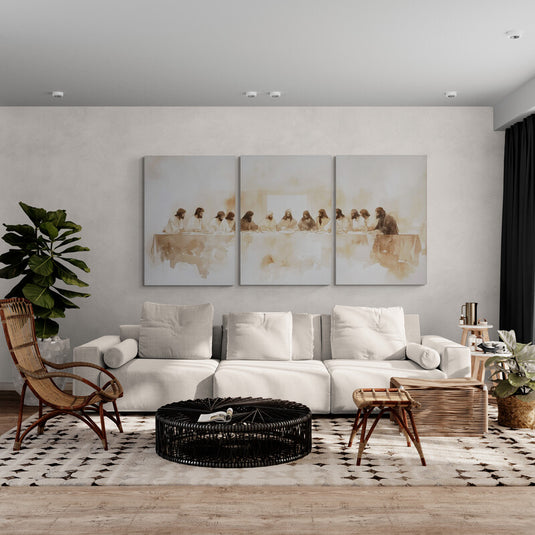 Tríptico minimalista de La Última Cena en sepia