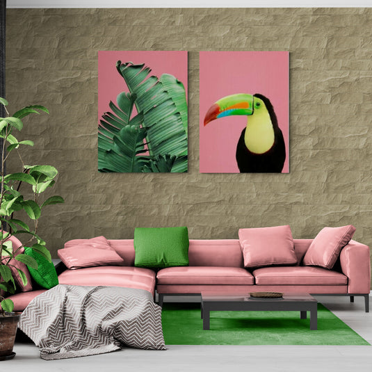 Cuadros decorativos tropicales con hojas verdes y tucán colorido sobre fondo rosa estilo moderno vibrante