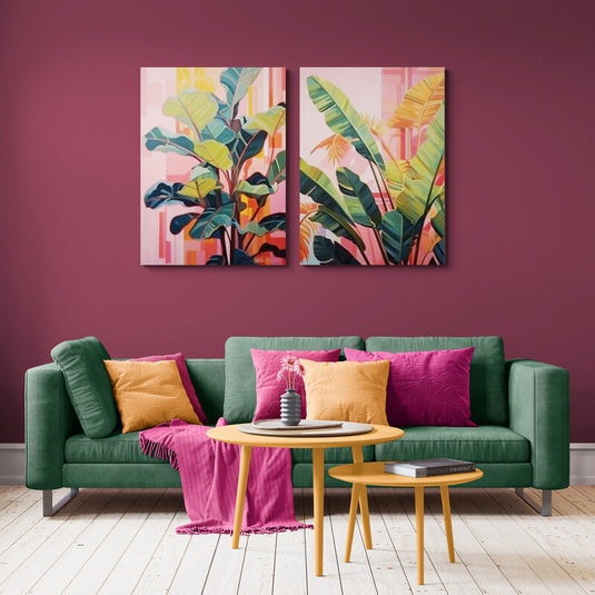 Cuadros decorativos tropicales modernos con hojas verdes en tonos vibrantes rosa y verde estilo contemporáneo