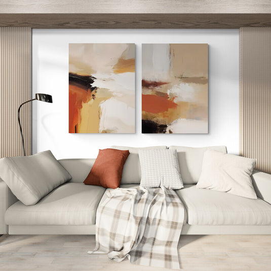 Díptico decorativo abstracto con tonos tierra, blanco y negro en estilo moderno y orgánico