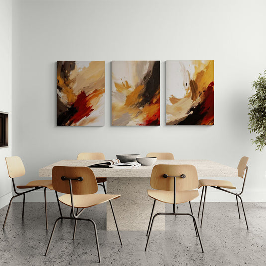 Tríptico de arte abstracto moderno con pinceladas en tonos fuego, rojo, negro y ocre, transmitiendo movimiento y energía.