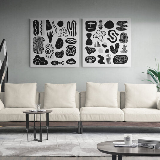 Cuadros abstractos en blanco y negro con formas orgánicas