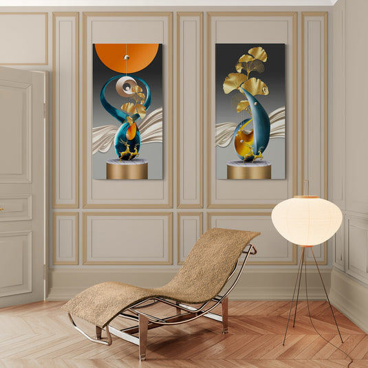 Cuadro decorativo moderno con ciervos dorados, hojas de ginkgo y formas abstractas en tonos azul, dorado y naranja sobre fondo elegante