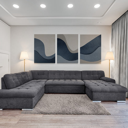 Tríptico abstracto en tonos azules y grises