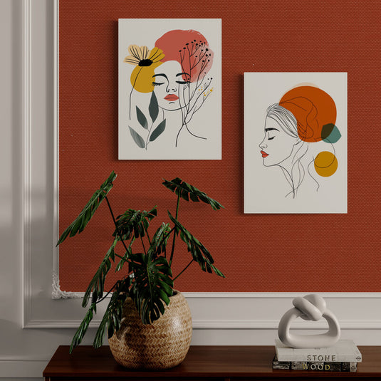 Díptico minimalista de rostros femeninos con flores y formas abstractas