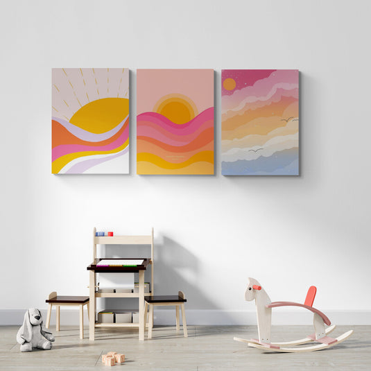 Cuadro decorativo minimalista de atardecer colorido en tonos cálidos de amarillo, rosa y naranja, arte abstracto moderno para sala o recámara.