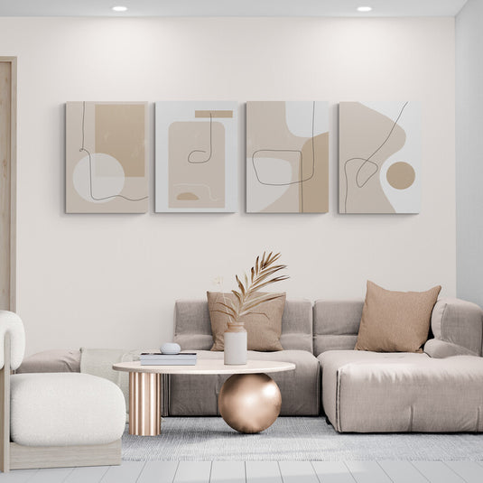 Conjunto de cuatro cuadros abstractos minimalistas en tonos beige y neutros para decoración moderna.
