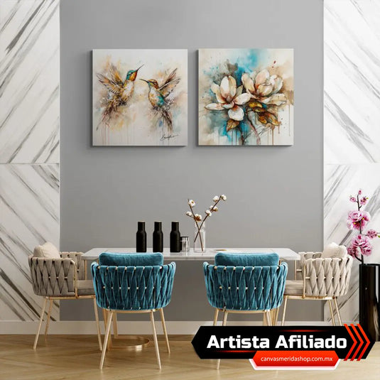 Díptico de Cuadros Naturales: Colibríes en Tonos Cafés y Azul junto a Magnolias en Fondo Café y Azul Turquesa