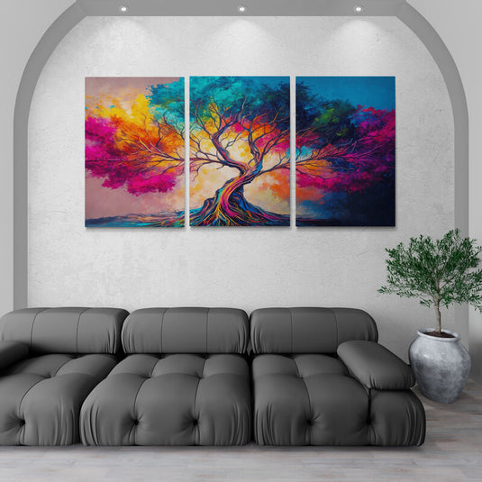 Árbol colorido abstracto en lienzo, arte vibrante de naturaleza con tonos vivos de rosa, azul, amarillo y turquesa