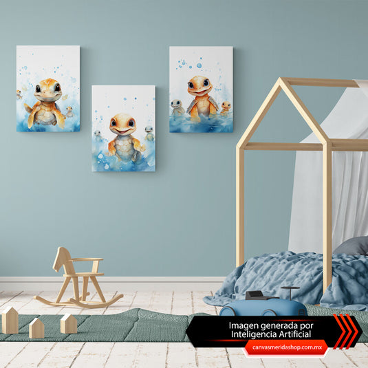 Conjunto de tres cuadros acuarela representando tres tortugas bebés sonrientes en tonos azules con burbujas flotantes, sobre fondo blanco