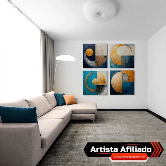 Conjunto de Cuadros Decorativos Abstractos con Esferas Compuestas en Tonos de Azul, Amarillo y Crema para Decoración Contemporánea