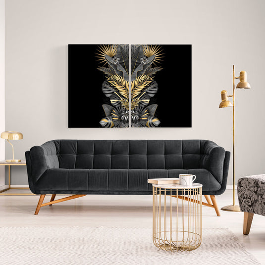 Cuadro decorativo de hojas exóticas doradas y grises sobre fondo negro en estilo simétrico y elegante