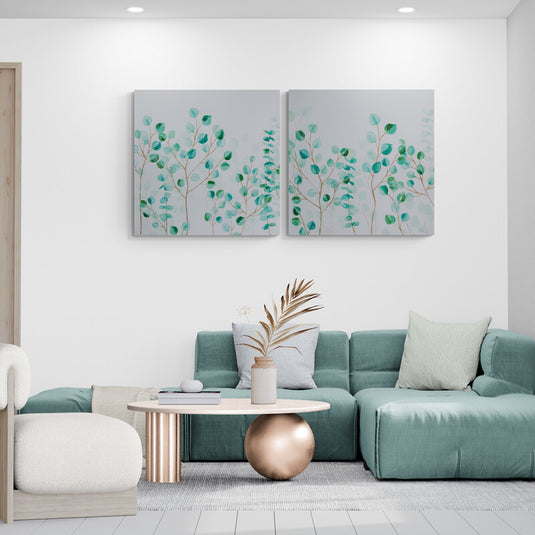 Cuadro decorativo de ramas verdes acuareladas sobre fondo blanco, arte botánico minimalista para sala o recámara moderna.