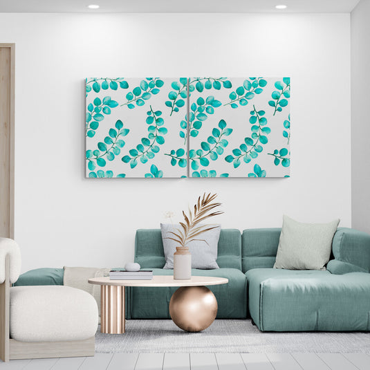 Cuadro decorativo de ramas de hojas turquesa en estilo acuarela sobre fondo blanco, arte moderno y natural para decoración de interiores