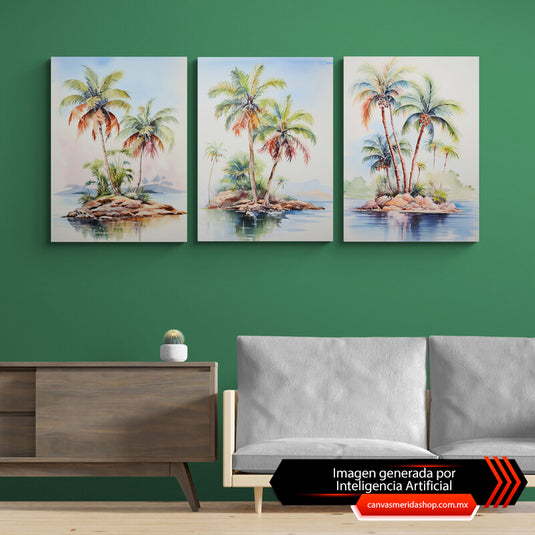 Set_de_tres_cuadros_panorámicos_de_palmeras_en_un_islote_pequeño
