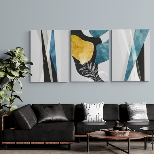 Tríptico abstracto con elementos botánicos y formas geométricas en azul y oro