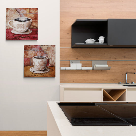 Cuadro decorativo rústico con ilustraciones de tazas de café cappuccino y espresso sobre fondo envejecido estilo vintage