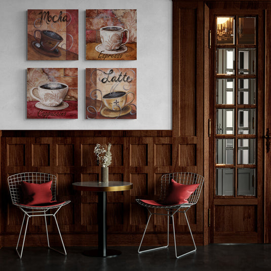 Cuadros decorativos de café estilo vintage con ilustraciones de mocha, espresso, cappuccino y latte en tonos cálidos para cocina o cafetería