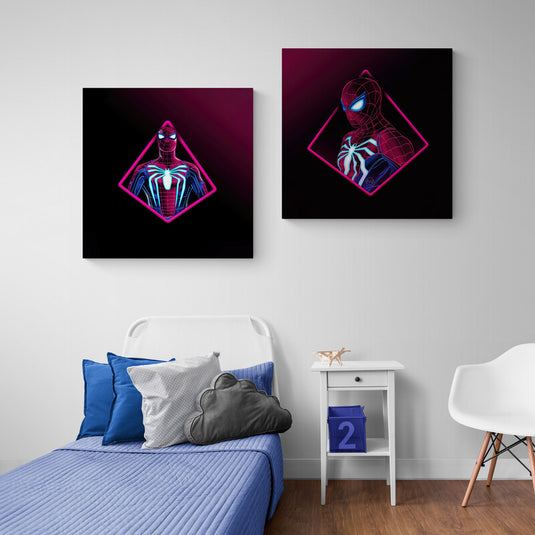 Cuadros decorativos modernos de Spider-Man con diseño neon en fondo negro y rosa